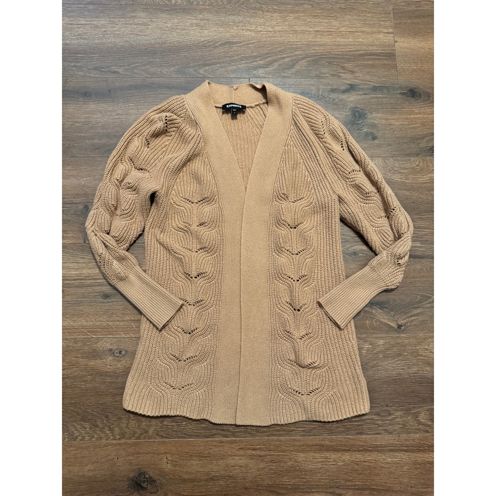 Express Womens Camel Tan Pointelle Cable Knit Open Front Cardigan Sweater Small
